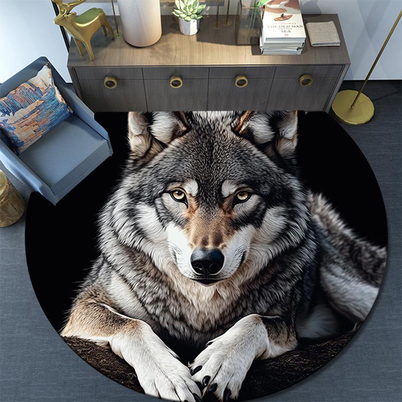 Gray Wolf Round Area Rug,Carpet Rug for Living Room Bedroom Sofa Playroom Decor,Non-slip Floor Mat