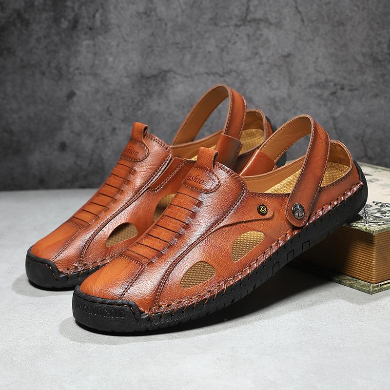 Übergröße Handnähen Herren Leder Ausgeschnitten Strand Sandalen Mokassins Herren Freizeitschuhe