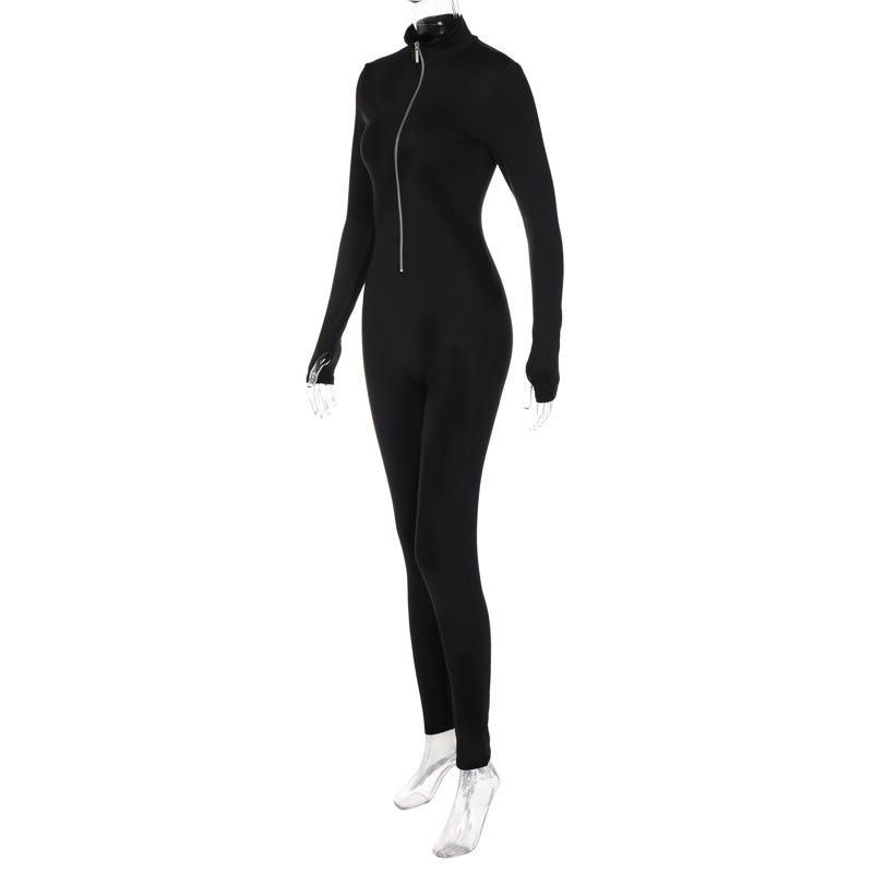 European and American Women's Solid Color Long Sleeved Zippered Waist Slimming Exercise Yoga Jumpsuit