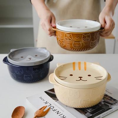 Bols créatifs en céramique, bols à nouilles en céramique avec couvercles, motif chat et chien, mignons animaux, pour soupe, salade, fruits, vaisselle décorative