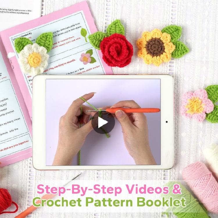 Crochet Flower Brooch Kits for Beginners with Yarn Hook DIY Crochet Starter Kits
