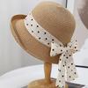 Summer Polka Dot Ribbon Straw Hat for Women Elegant Curled Brim Sunscreen Fisherman Cap Lady Girl Beach Travel Visor Panama Hats