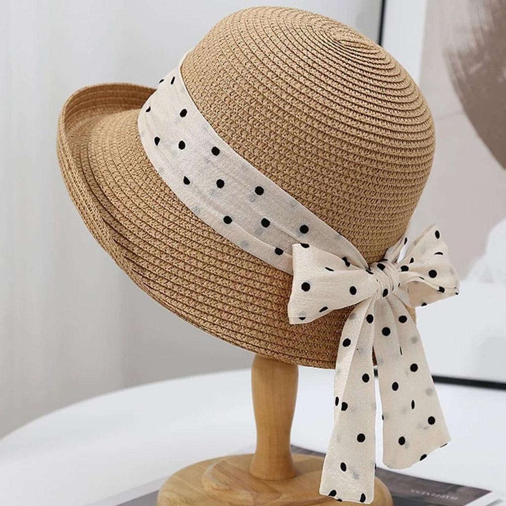 Summer Polka Dot Ribbon Straw Hat for Women Elegant Curled Brim Sunscreen Fisherman Cap Lady Girl Beach Travel Visor Panama Hats