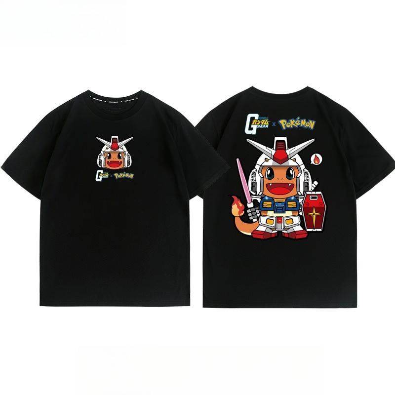 Pokémon Joint Mobile Suit Gundam Cartoon Short Sleeve Top Anime Peripheral Mens and Womens Summer TShirt Top Clothing