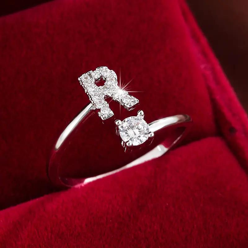 26 English Letter Micro-set Zircon Fashion Women's Ring, Copper-plated 14K Open Plain Ring