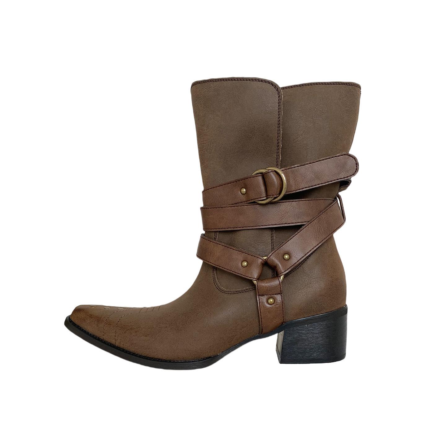 

Spot~ Retro brown pointed short boots women s embroidered western cowboy boots old wasteland style casual medium boots women 40