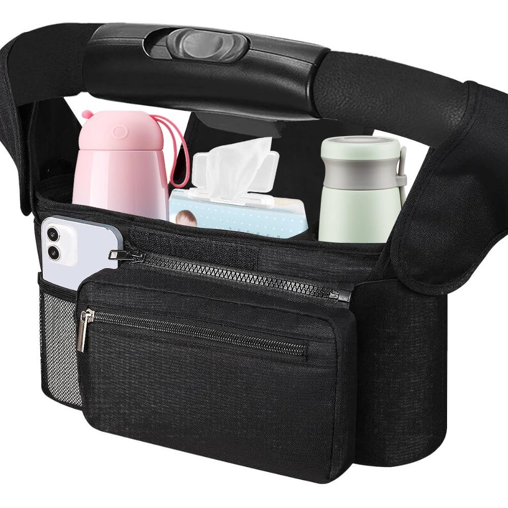 Universal Stroller Organizer Non Slip Straps Stroller Caddy with Insulated 2 Cup Holder-Detachable Phone Bag Shoulder Strap