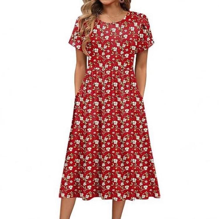 Maxi Dress Floral Women Long Sleeve Casual Loose Dress Round Neck Ethnic Style Floral Print Long Dresses