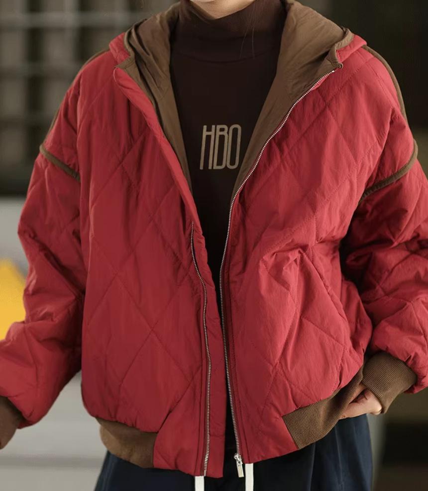 Johnature Women Vintage Winter Hooded Patchwork Coats Zipper Long Sleeve Warm Casual Female Coats