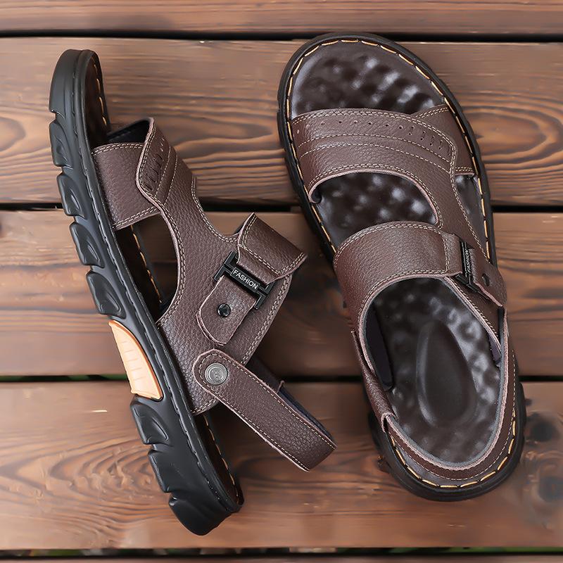First layer cowhide sandals summer new men's platform non-slip shoes driving middle-aged cool slippers 2025