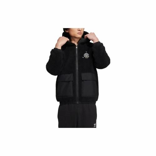 Adidas Originals Logo Patch Hooded Sherpa Fleece Jacket Unisex Black