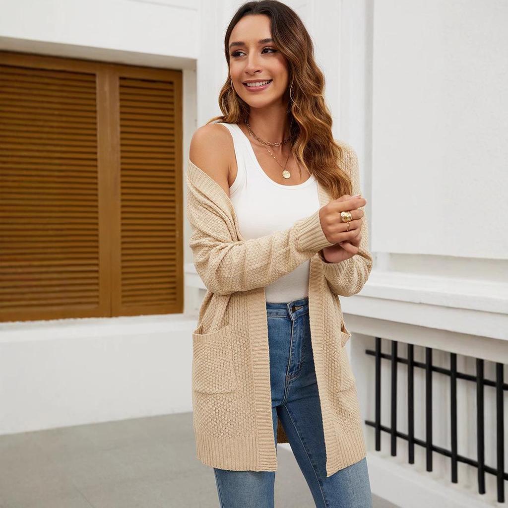 Women's Solid Color Long Knit Cardigan, 2024 Autumn/Winter European and American Casual Loose Sweater Outerwear.