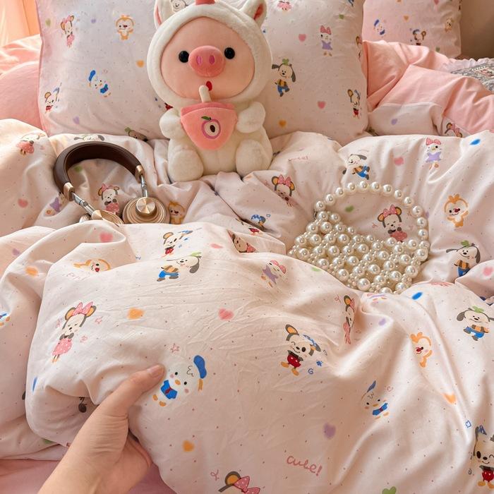 Class A soft waxy washed cotton four-piece bedding cute small fresh quilt cover bed sheet student dormitory bed hat model