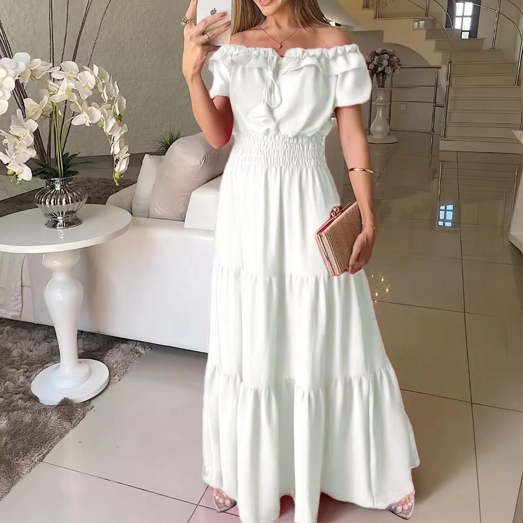 Women's Dress Ladies Fashion And Elegance Ruffle Spliced Bubble Sleeve Dress Sexy Off The Shoulder Big Swing Maxi Dresses