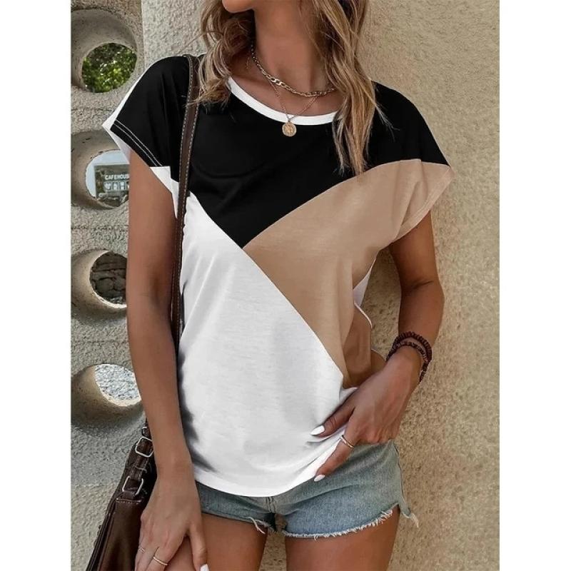 Тонкая женская базовая футболка из полиэстера с цветными блоками с 3D принтом Y2k — фото 9