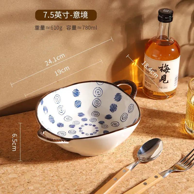 700ml Ceramic Salad Bowl With Handle Kitchen Soup Noodle Bowl Pasta Fruit Bowls Japanese Tableware Microwave Oven Bakware Pan