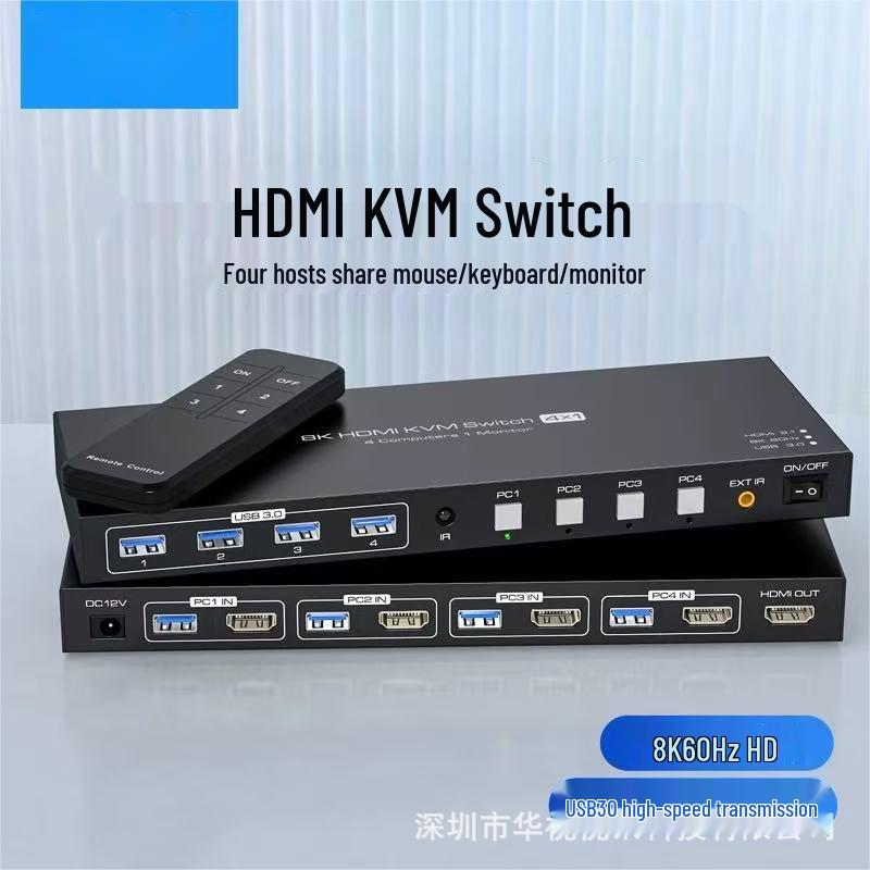 8K HDMI/DP KVM Switch 4x1 - Mouse & Keyboard Control for Four Computers