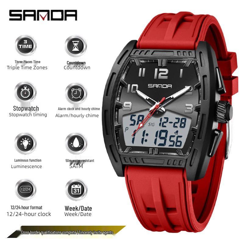 SANDA Men's Waterproof Luminous Sports Watch - Countdown & Multifunctional Barrel-Shaped Electronic Watch with Large Dial