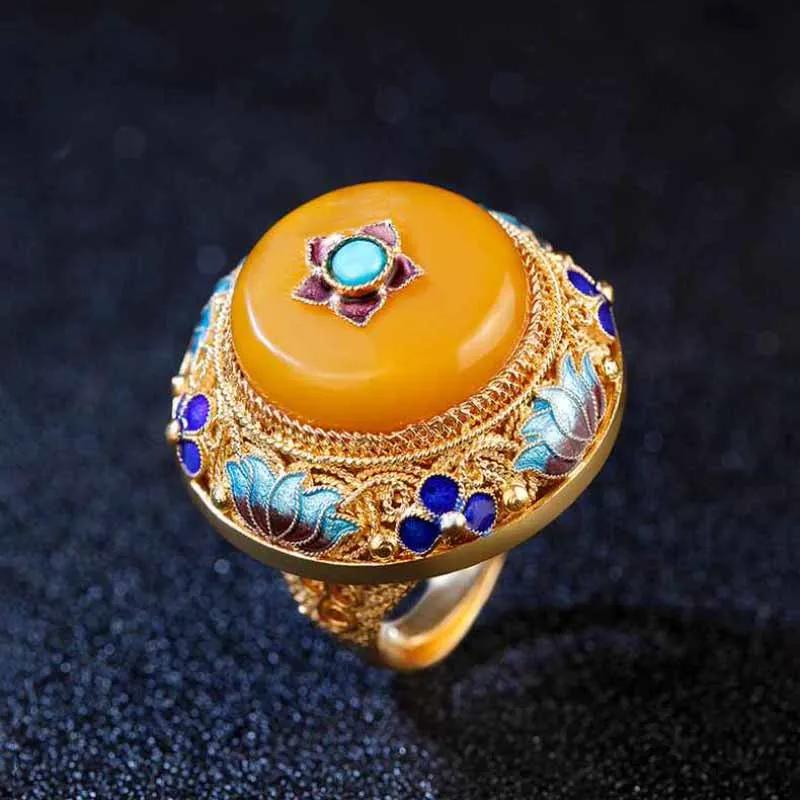 Ancient Gold Craftsmanship Palace Style Natural Yellow Chalcedony Lotus Enamel Porcelain Rings For Women Luxury Dinner Jewelry
