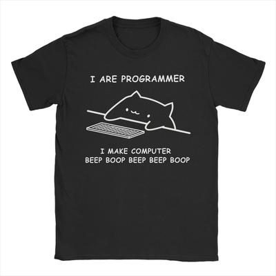 Men Cat Programmer Cat Playing Computer Games T Shirt Cotton Tops Funny Short Sleeve Crewneck Tees Printed T-Shirt