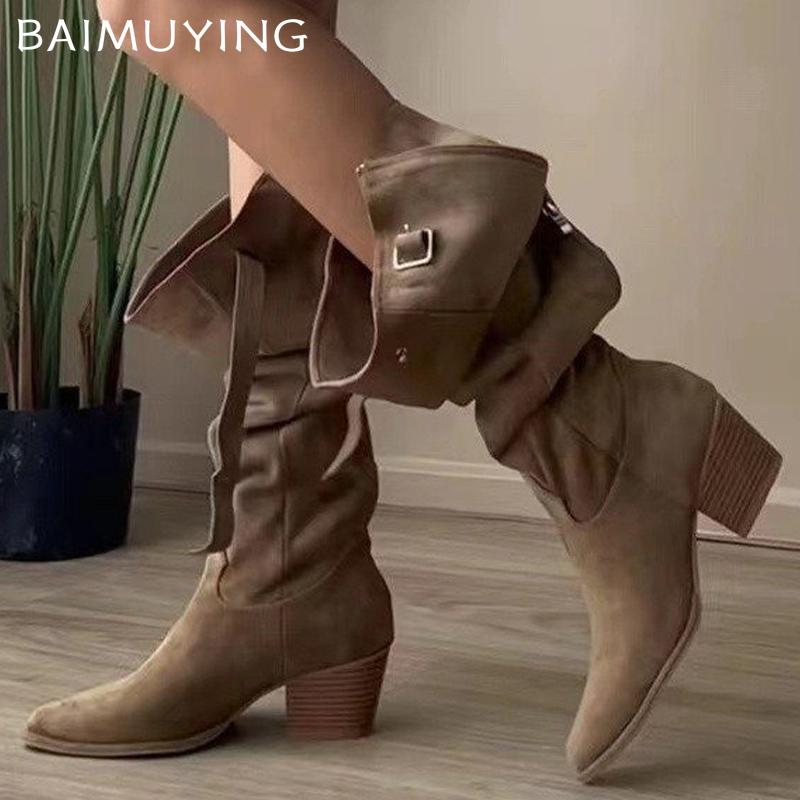 Winter Chunky Women High Boots Suede Pointed Retro Mid Heels Shoes 2025 Trend Designer Zipper Pumps Gladiator New Botas De Mujer