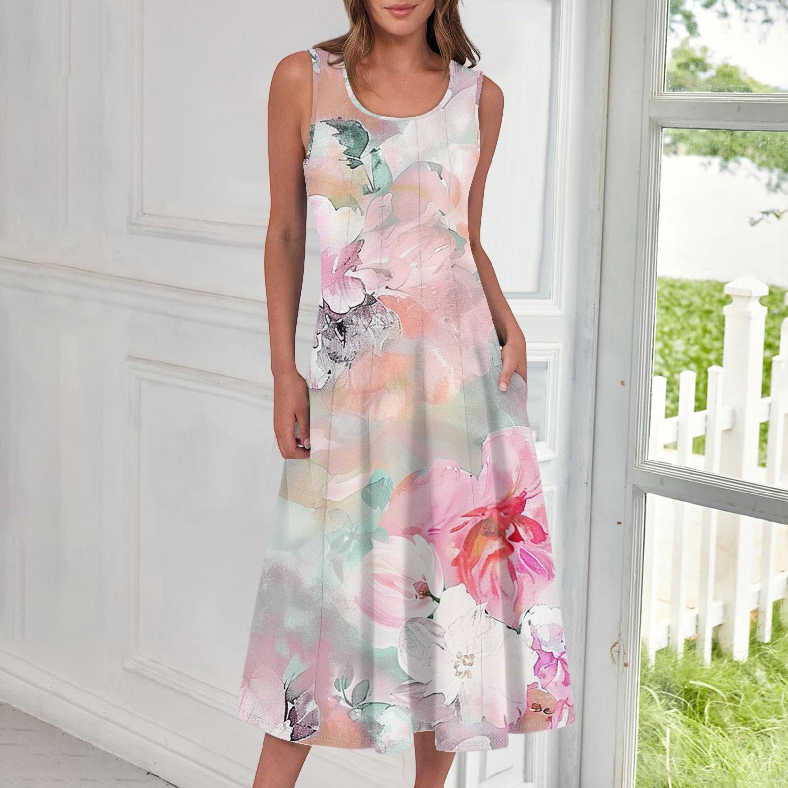 

Женское повседневное модное платье миди с цветочным принтом и круглым вырезом без рукавов XL розовый