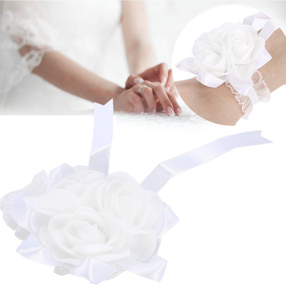 Wunderschöne Handblume Braut Brautjungfer Handgelenks-Korsage Abschlussball Hochzeitsdekorationen(Weißes Band)