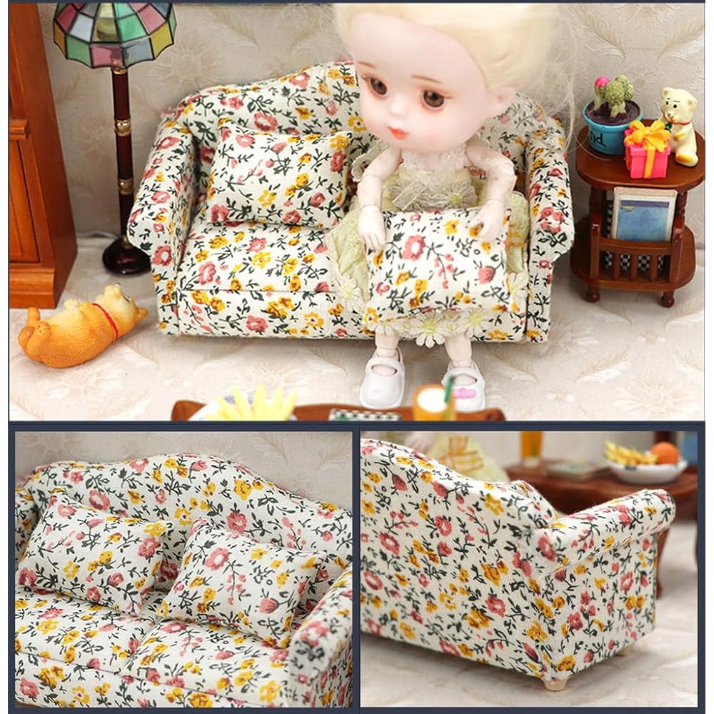 Moin Moin Miniature Furniture 1/12 Scale Sofa Set 3 Pieces White Floral Fabric Dollhouse Accessories