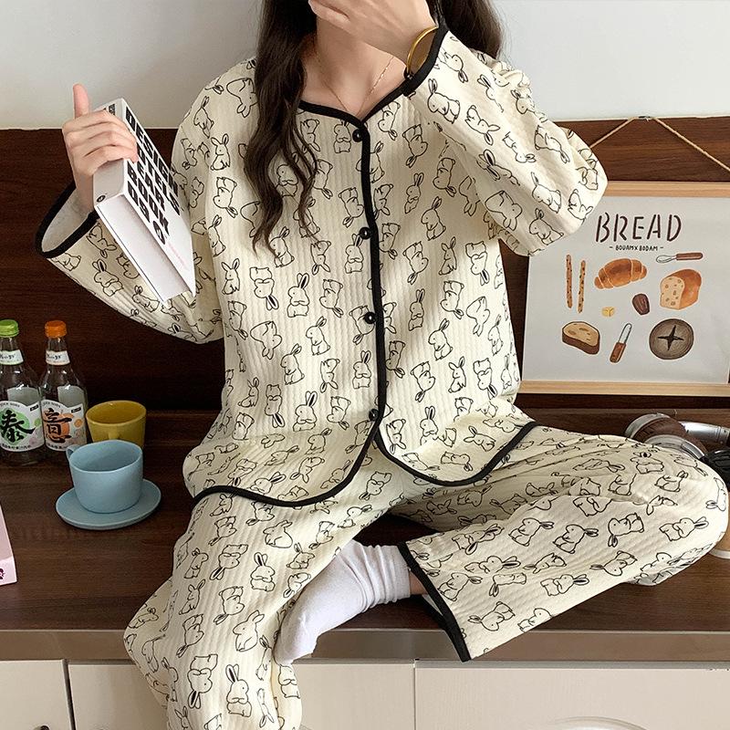 Layered Long Sleeve Cotton Quilted Pajamas Set for Women - Autumn/Winter Casual Cardigan Homewear