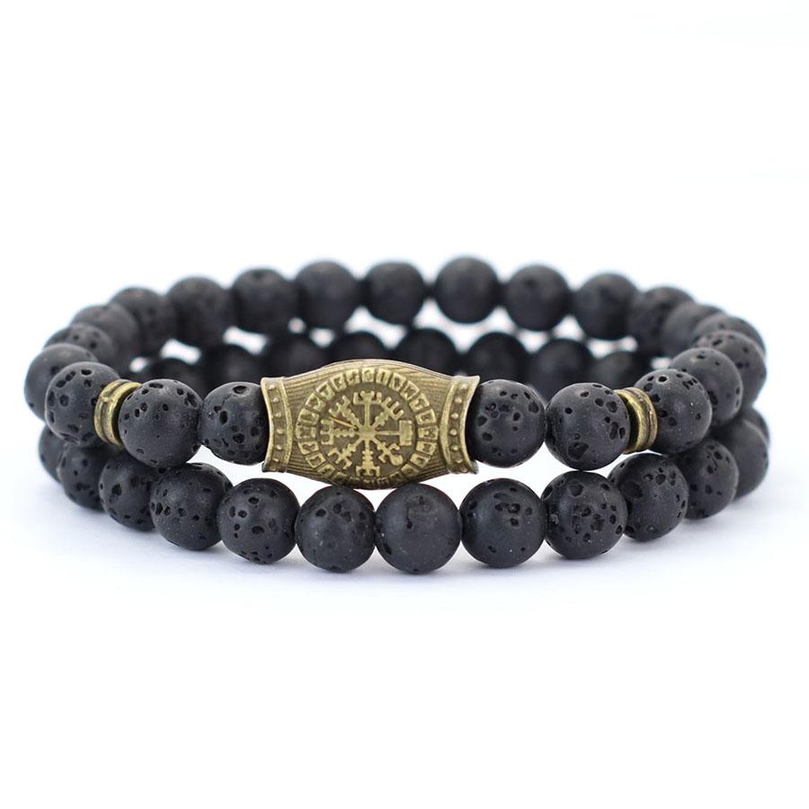 

2Pcs Retro Viking Bracelet Set Men 8mm Volcano Howlite Hematite Stone Healing Braslet Meditation Yoga Prayer Strand Braclet Gift