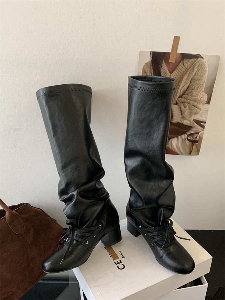 Fake Two-piece Wide Tube Boots Strap Leather High-heeled Knight Boots Retro Round Head Thick Heel Pleated Stack Boots