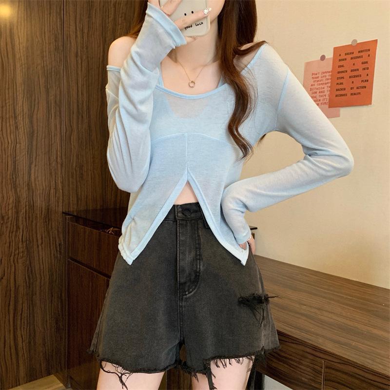 Early autumn new fake two-piece polka dot neck long-sleeved T-shirt slim sweet Spice Girl bottoming shirt with short top inside