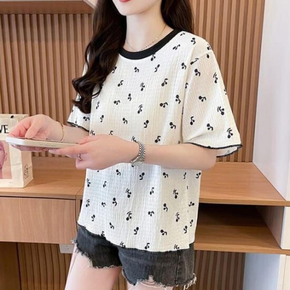 Navava Women Seersucker Cherry PaTTern ShorT Sleeve T shirT nT2655
