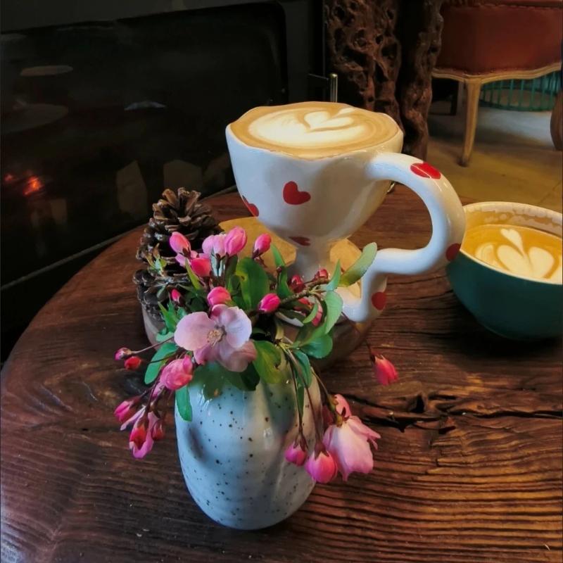 Hand-Painted Heart Ceramic Coffee Mug, Dessert Goblet & Latte Cup