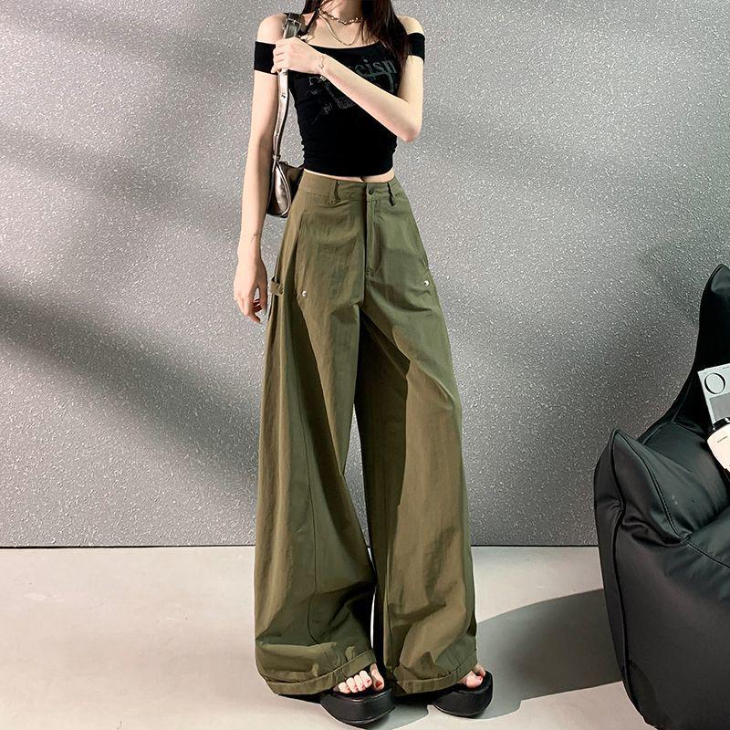 

Women s American Style Green Wide-Leg Workwear Pants - Summer Loose Fit, Thin, Floor-Length, Casual 2026. XS for under 88 lbs