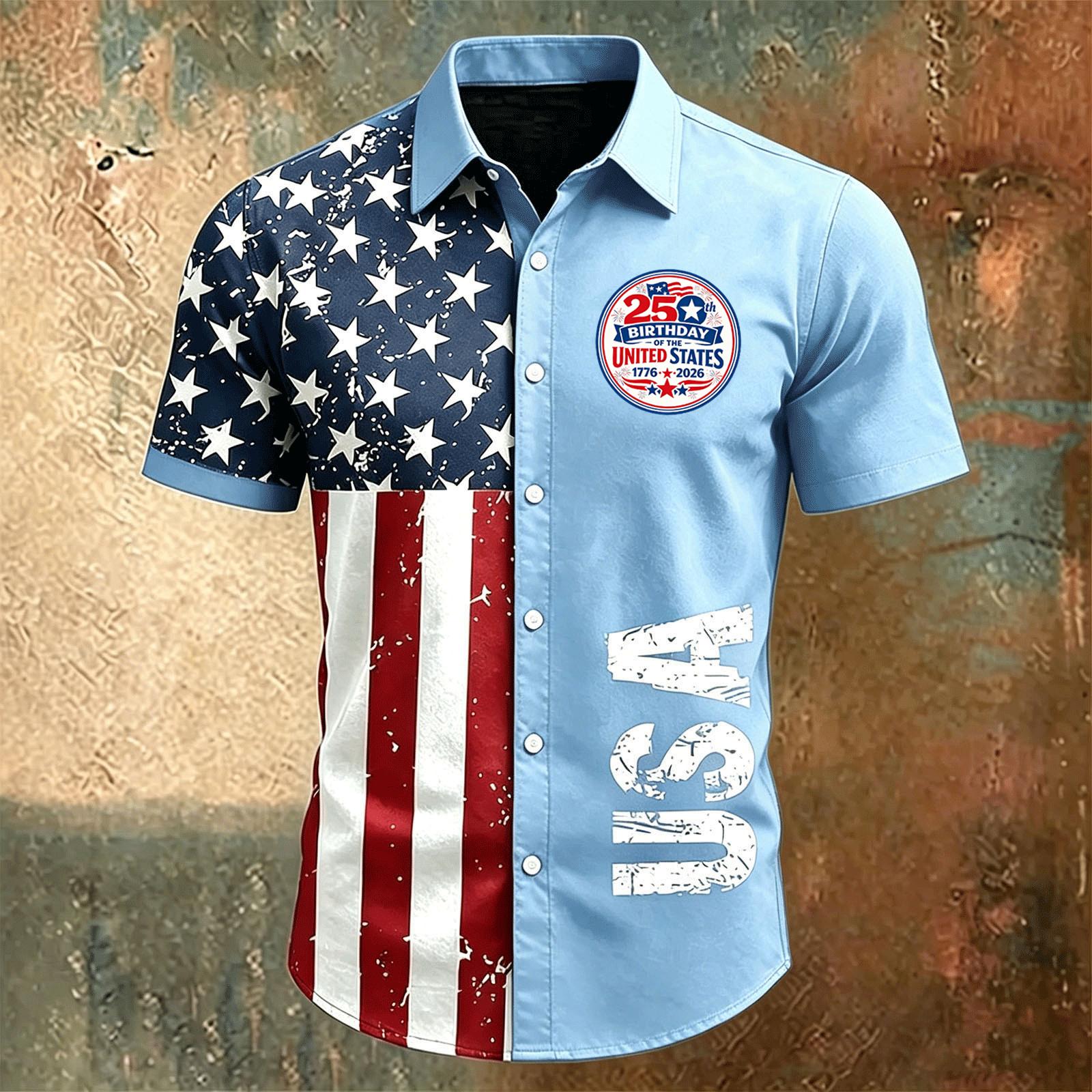 

Men Short Sleeve Button Down Casual Collared Shirt with United States Letter Print and Flag Pattern for Spring Summer Wear L