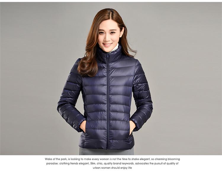 Women's Lightweight Slim Fit Down Jacket - Solid Color, Stand-Up Collar, Plus Size, Short Length
