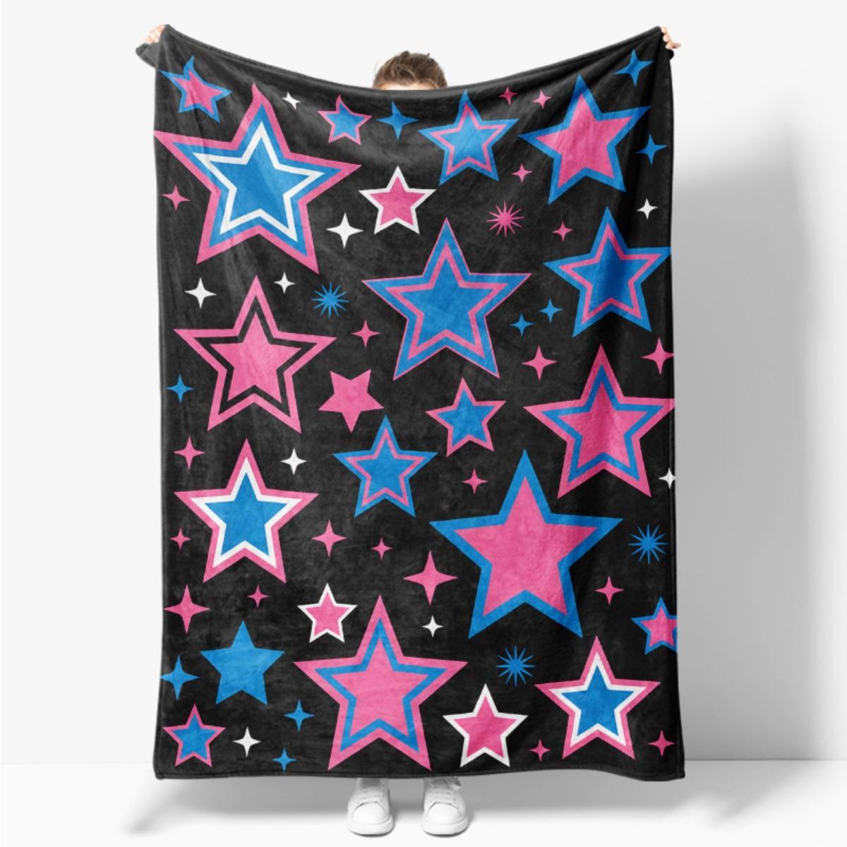 

Blue and pink star design pattern Flannel printed blanket suitable for all seasons suitable living room office sofa and travel 75x100cm (30x40inch)