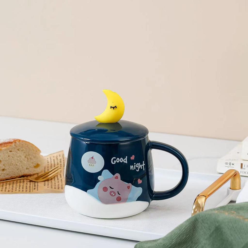 Cana de apă ceramică Model drăguț de desene animate cu capac cu linguriță lună Cană de cafea din sticlă pentru birou Rezistență la temperaturi înalte Uz casnic