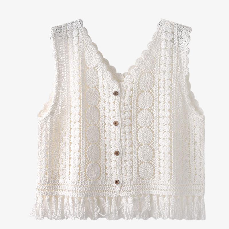 Crochet Vest Fringed Sleeveless Hollow-out Openwork Button-front Knit Blouse Sweater Vest Women Boho Festival Spring Summer 2026