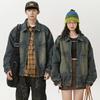 Unisex Japanese Streetwear Denim Jacket Oversized Washed Gradient Distressed Collar Zip-Up Casual Workwear