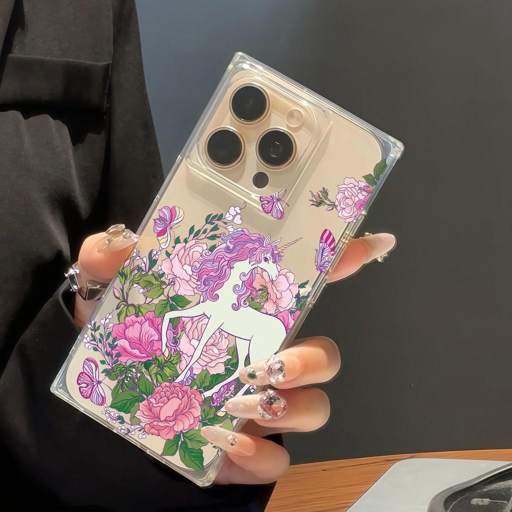 Clear Square Back Tube Case Protection For iPhone 13 14 Pro Max 16 ProMax 15 Plus 12 11 Anti-Oxygen,Butterfly Unicorn Pattern Casing