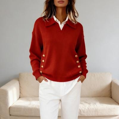 Women Sweater Lapel Long Sleeve Loose Fit Solid Color Knitting Tops with Buttons Pockets Autumn Winter Pullover Tops
