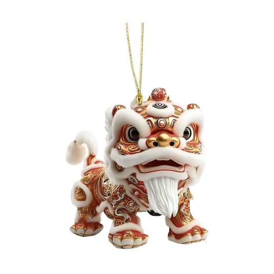 Car Pendant with Metal Chain Lion Dance Design Plush Fabric Car Charm Keychain Bag Accessory Good Fortune Decoration