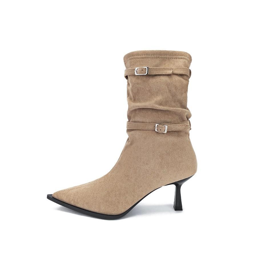 Autumn and Winter New European and American Thin Heel Pointed Stacked Boots Western Cowboy Knight Retro Women's Short Boots