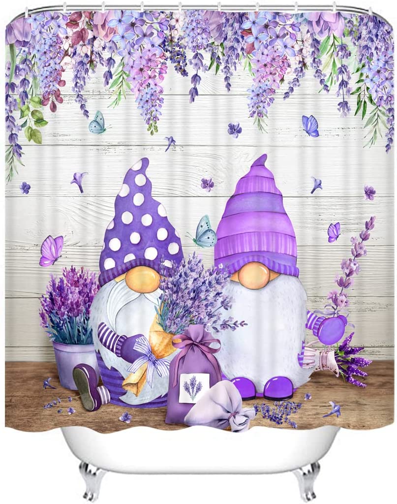 Lavender Gnome Shower Curtain Farmhouse Rustic Wooden Board Watercolor Purple Floral Butterfly Decor for Home Bathroom Decor Set