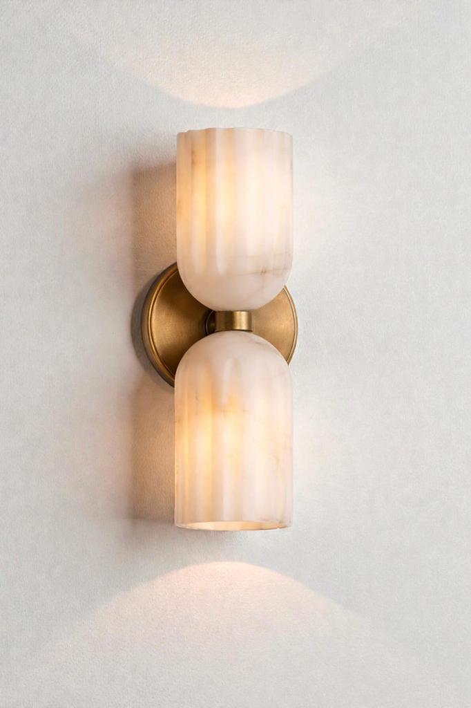 Double Brass Alabaster Wall Sconce | Mid Century Modern Luxury Wall Light | Bedroom Hallway Decor