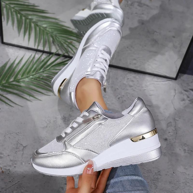 Fashion Fashion Women's Sneakers 2025 Spring Thick Bottom Silver Sneakers Wedge Heel Vulcanized Shoes for Women Comfort Lace Up Sneakers
