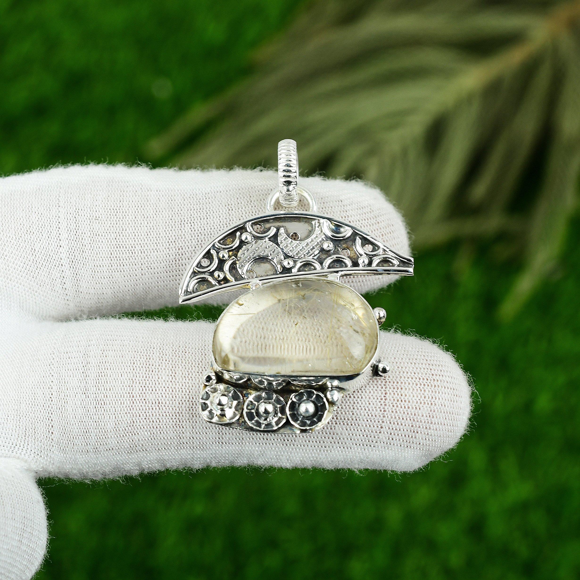 925 Sterling Silver Golden Rutile Stone Mother Birthday Artisan Pendant Jewelry