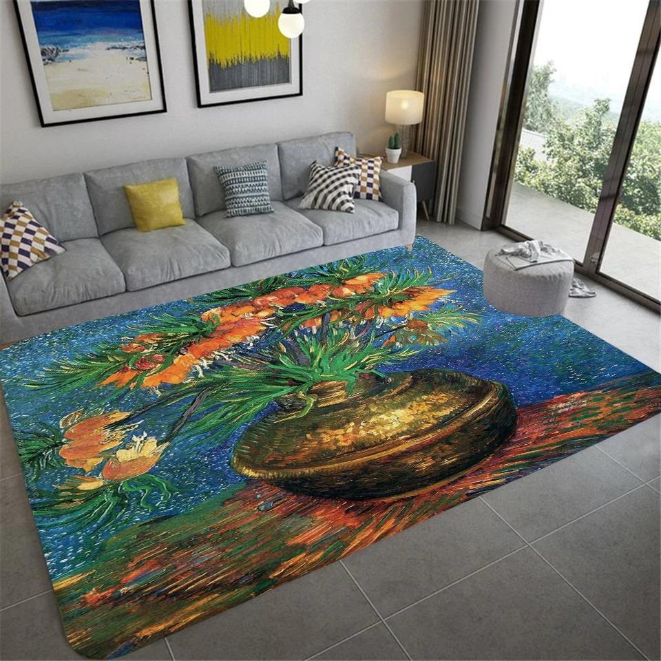Van Gogh Art Style Sunflower Floral Oil Painting Rug  Artistic Living Room Carpe Durable Home Decor